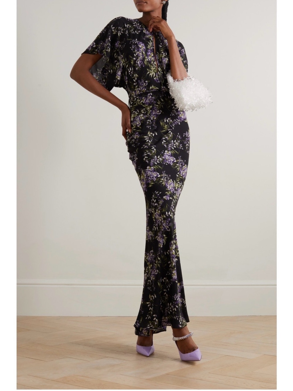 NWT Norma Kamali Black Maxi Dress with Purple Floral Print